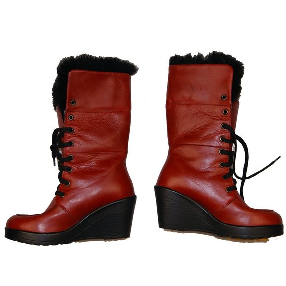 Alpi Sole Women's 36 Red Leather Black Fur Wedge Heeled Winter Boots - Picture 5 of 6